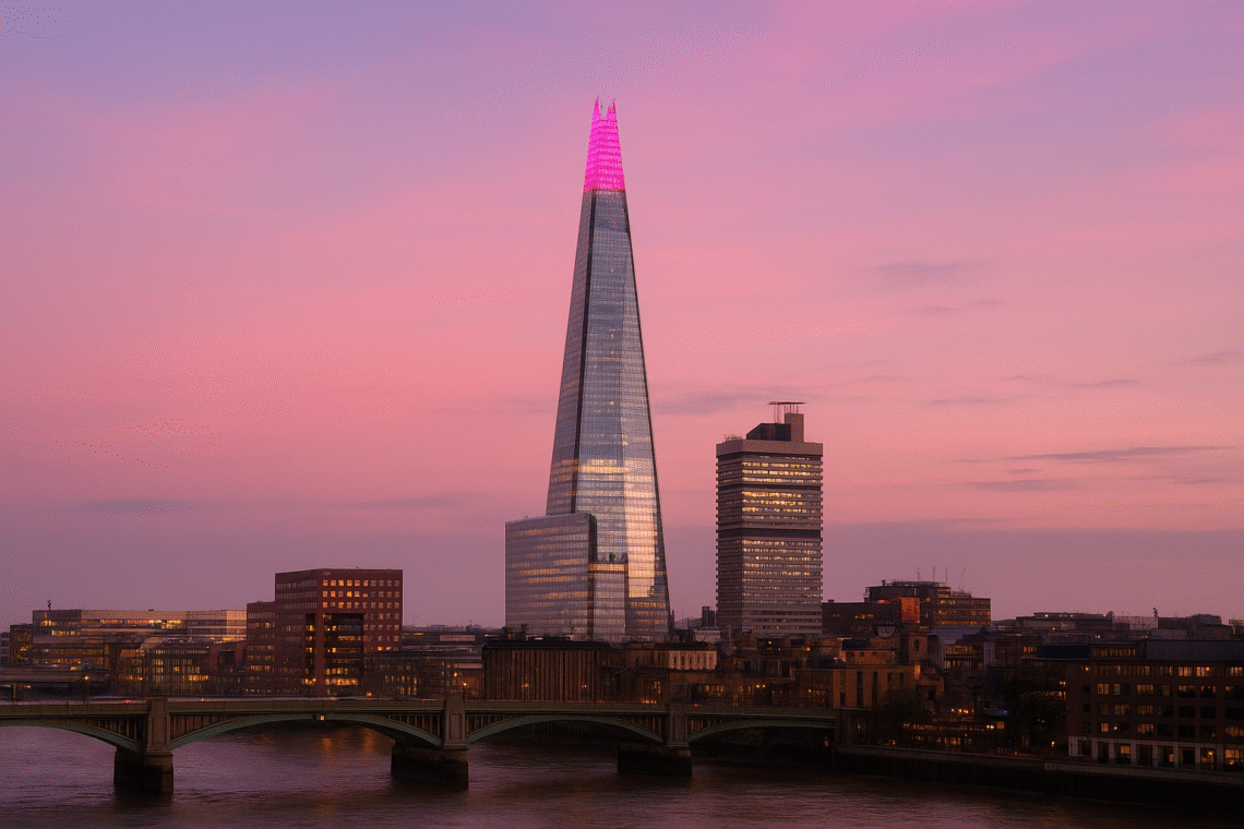 The Shard Lit in Pink at Dusk