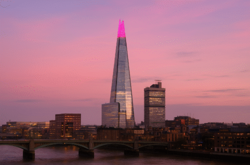 The Shard Lit in Pink at Dusk